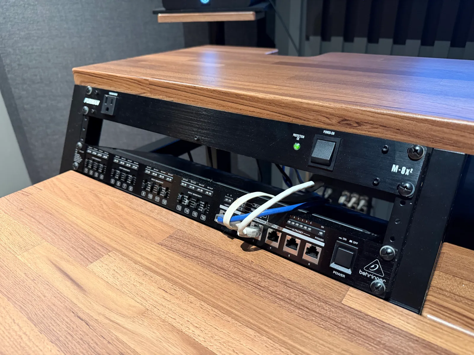 Behringer P16 personal monitor system in the control room desk rack
